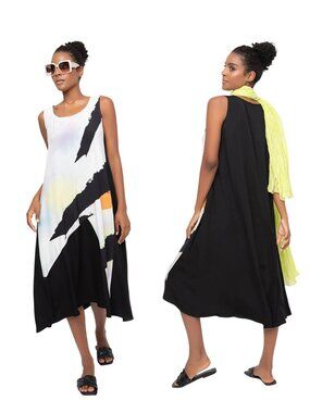 Ozai N Ku Mykonos Dress Mirage print Alembika lagenlook midi tank XS S 4-6 black